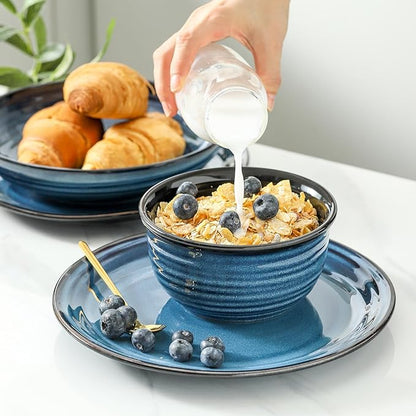 Hasense Ceramic Plates and Bowls Dishes Set, 12 Pieces Handmade Reactive Glaze Dinnerware Set of 4 (Plates, Pasta bowls, Cereal Bowls), Chip and Scratch Resistant Dinner Dishes Service, Blue