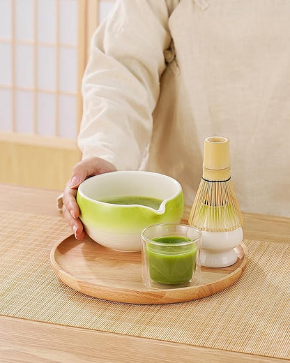 ZENS Matcha Whisk Set, 5pcs Matcah Kit Includes Ceramic Bowl with Spout, Handcrafted Bamboo Whisk, (Chasen) Holder, Scoop & Tea Mat, Matcha Set Gift for Tea Ceremony, Green