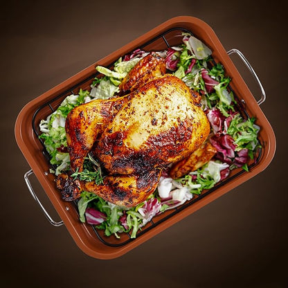 KitCom Nonstick Roasting Pan, Roaster with Cooling Rack and V-Rack - 16 Inch Rectangular Turkey Roaster Lasagna Pan for Easter, Thanksgiving & Christmas, Dishwasher Safe, Bronze