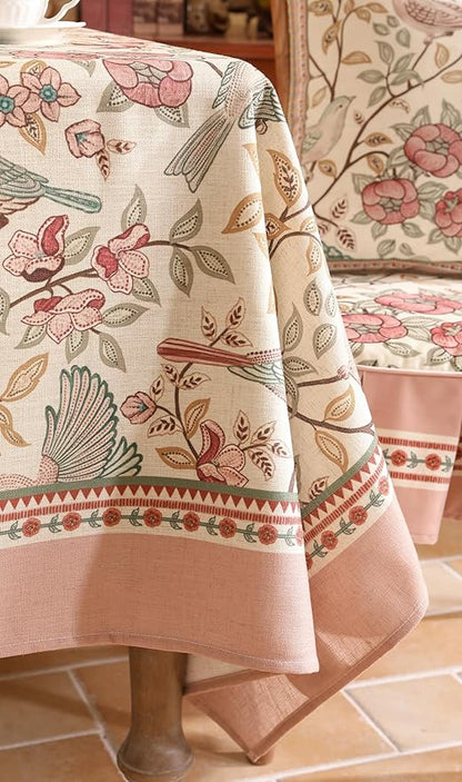 patdrea Designer Pink Linen Table Cloth for Rectangle Table,Vintage Floral with Birds Pattern Decorative Tablcloth,French Table Cover for Kitchen Dining,Thanksgiving,Christmas,63"x87"-Kulom a