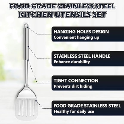 E-far Stainless Steel Kitchen Utensils Set, 39-Piece Cooking Utensils Set with Holder, Non-toxic Metal Heat Resistant Kitchen Gadgets Cookware Tool Spatula Set for Cooking, Dishwasher Safe