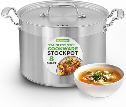 NutriChef 8 Qt Heavy-Duty Stockpot with Stainless Steel Lid - Induction Compatible Cooking Pot, Ideal for Soups and Stews