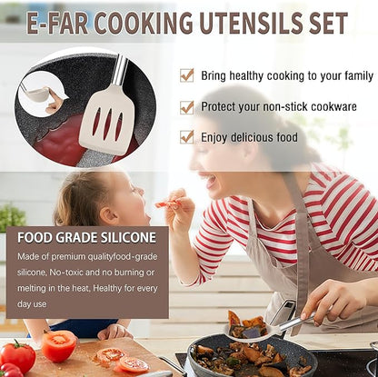 E-far Silicone Cooking Utensils Set, 14-Piece Khaki Kitchen Utensils Set with Holder, Kitchen Tools Spatulas with Stainless Steel Handle for Non-stick Cookware, Heat Resistant & Dishwasher safe