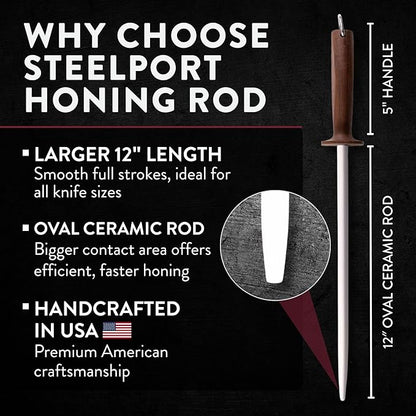 STEELPORT 12 inch Oval Ceramic Honing Rod | Professional Knife Sharpener Rod with Oregon Black Walnut Handle, Safety Guard | Premium Serrated Blade Sharpener For All Knife Types
