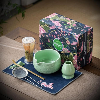 Matcha Whisk Set, Ceramic Matcha Kit Set Includes Matcha Bowl, Matcha Whisk and Holder, Bamboo Scoop, Scoop Rest, Sifter and Tea Towel - 7 Pcs Matcha Kit for Matcha Lovers (Green)
