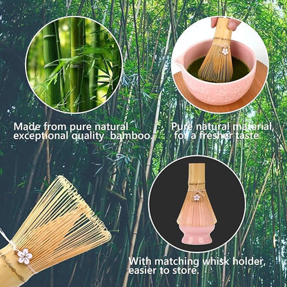 Matcha Whisk Set, Ceramic Matcha Set Includes Matcha Bowl, Bamboo Matcha Whisk and Holder, Bamboo Scoop, Scoop Holder, matcha sifter and Tea Towel - Matcha Kit for Matcha Lovers (Pink)