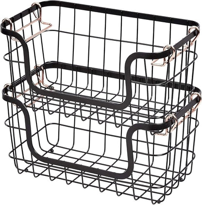 Amazon Basics Stackable Metal Wire Rectangular Storage Basket Set For Kitchen or Bathroom, 2 Count, Black