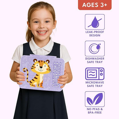 Personalized Bento Box for Kids with Safari Icon and Name - Lilac - 5 Compartments Drop-Proof Bento Box, Dishwasher Safe, Made with BPA-Free Materials, Bento Lunch Box for Kids and Toddlers