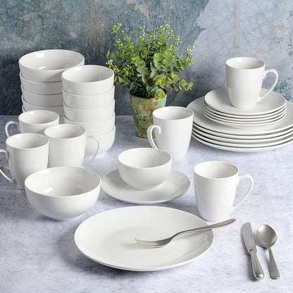 Gibson Home Oslo 8-Piece Dinner Plate Set – Porcelain, Chip & Scratch Resistant, White with Black Rim – Modern Round Plates for Everyday Use & Entertaining
