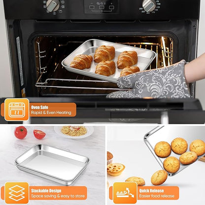 Homikit 2 Pack Baking Sheet, 10 x 8 Inch Stainless Steel Cookie Tray Set for Cooking Toasting, Small Metal Toaster Oven Baking Pan Non Stick, Rustproof & Mirror Finish, Dishwasher Safe