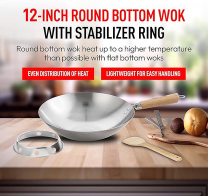 Helen's Asian Kitchen Round Bottom Wok Set, Carbon Steel and Bamboo, 12-Inches, 4-Piece Set