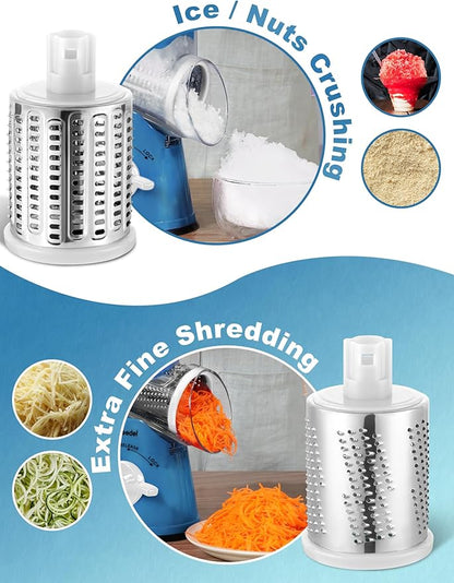 Geedel Rotary Cheese Grater Cheese Shredder - Upgraded 5-in-1 Cheese Grater with Handle and Strong Suction Base, Multi-purpose Vegetable Slicer Ice Shaver Nuts Grinder for Ice, Vegetables, Fruit, Nuts