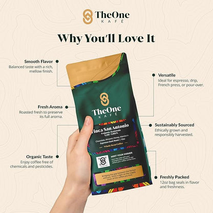 TheOne Kafé Guatemala Dark Roast Whole Bean Coffee – Organic, Single Origin, Premium Specialty Coffee, Ethically Sourced, Smooth & Rich Flavor – Fresh Roasted for Espresso, Drip, Pour Over – 12 oz