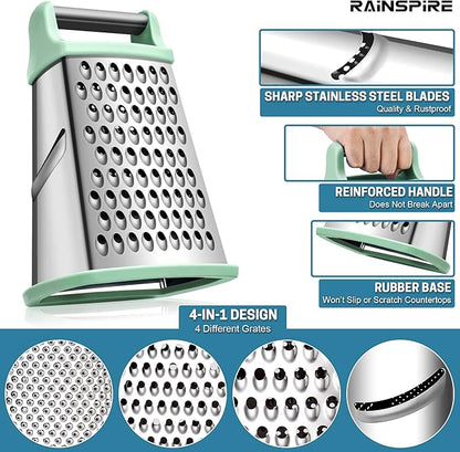 Rainspire Professional Box Grater, Cheese Grater Box for Kitchen Stainless Steel with 4 Sides, Cheese and Spice Graters with Handle for Vegetables, Ginger, Potatoes, Mint