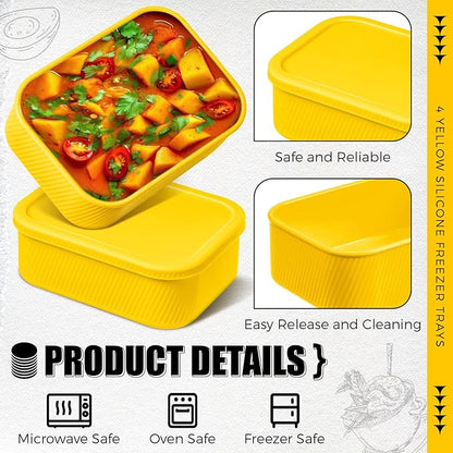 Nuogo 4 Pcs 6 Cup Silicone Freezer Trays with Lid Soup Containers Reusable Freezer Silicone Molds Rectangle Containers Ice Trays for Soups Sauces Stews Curries, Yellow
