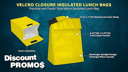 DISCOUNT PROMOS 10 Hook and Loop Insulated Lunch Bags Set - Polyester, Durable, Vibrant, Reusable - Yellow