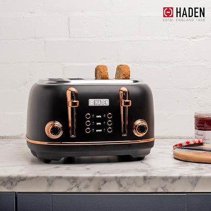 Haden Heritage 4 Slice Wide Slot Stainless Steel Toaster Bundled with 1.7 Liter Stainless Steel Electric Water Kettle, Black & Copper