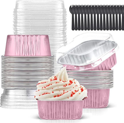 Mini Cake Pans With Lids (10oz,40 Pack) Aluminum Foil Square Cupcake Liners Brownie Baking Cups,Disposable 4”x4” Large Cupcake Pan,Jumbo Muffin Tin Ramekins Holders