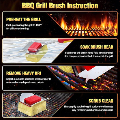 Grill Cleaning Brush Bristle Free Outdoor 19inch Extended Handle Grill Cleaner Brush for Cast Iron Stainless-Steel Grates, Replaceable BBQ Cleaning Brush Head, Steam Safe Grill Brush with Scraper, Red