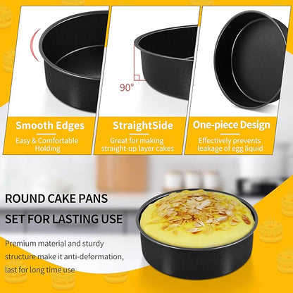 P&P CHEF Non-stick Cake Pan Set of 4, 6 Inch Round Baking Cake Pans Tins for Tier Smash Cakes, Non-Toxic & Solid, Stainless Steel Core & Leak-Proof, 4Pcs