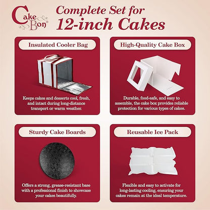 Cakebon Cake Box and Boards, 12-Inch Round Black Wrapped Edges 1/2- Inch Thick Drums with Insulated Bag and Ice Pack – Cake Transport Set, Cooler for Cake Delivery and Transport (1pc Each, 4pcs Total)