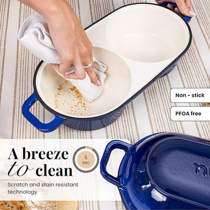 nuovva Dutch Oven For Sourdough Bread Baking – Enamelled Cast Iron Bread Loaf Pot – 500°F Oven Safe Non Stick Bread Pot – Double Round Loaf Space, 16.5cm Diameter, Dark Blue