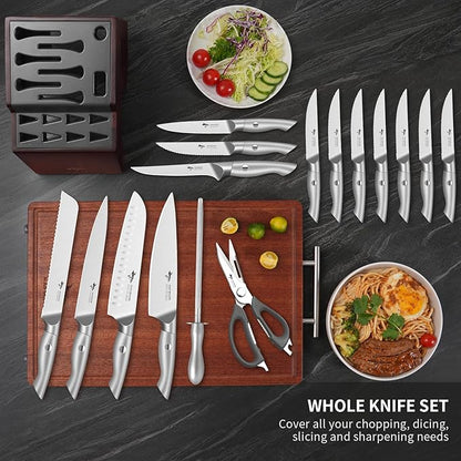 MAD SHARK Knife Set for Kitchen with Block, 17pc Cutlery Set, Built-in Sharpener, German Stainless Steel, Non-slip Ergonomic Handle, Dishwasher Safe