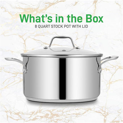 NutriChef 8-Quart Stainless Steel Stock Pot - 18/8 Food Grade Stainless Steel Heavy Duty Induction - Stock Pot, Stew Pot, Simmering Pot with See-Through Lid, Dishwasher Safe - NCSP8