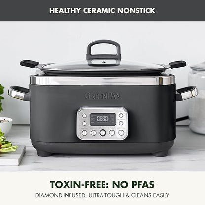 GreenPan Elite 8-in-1 Programmable 6QT Electric Slow Cooker, Dishwasher Safe Lid & Removable Crock, PFAS-Free Healthy Ceramic Nonstick Multi-Cooker, Sear,Sauté/Brown,Steam Basket,Roast, Graphite