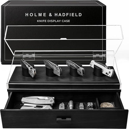Premium Pocket Knife Display Case for 10 Knives - Wooden Knife Organizer, Storage & Holder with Unique Pillars, Hinged Cover, Drawer - Knife Collection Box - Handcrafted for Men