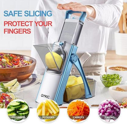 Upgrade Safe Mandoline Slicer for Kitchen, Vegetable Chopper and Slicer, Potato Slicer Thickness Adjuster, French Fry Cutter, Veggie Onion Dicer Faster Kitchen Mandolin for Meal Prep (Blue)