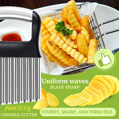 FANTEXY Crinkle Cutter for Veggies, Stainless Steel French Fry Cutter for Potatoes, Cucumbers, Carrots - Wavy Chopper, Waffle Fry Maker
