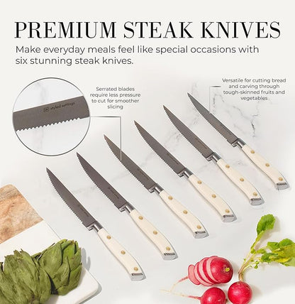 Styled Settings White Knife Set with Block and Sharpener – 14-Piece Ultra-Sharp High Carbon Stainless Steel Knives with Gold Triple Rivet White Handles and Ashwood Knife Block