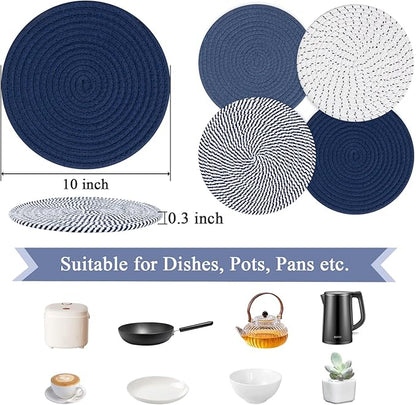 SHACOS 10 Inches Trivets for Hot Dishes, 4 Pieces Cotton Trivets Mats for Kitchen, Hot Pads for Countertops and Table, Heat-Resistant Pot Holders for Hot Pots and Pans(Blue, 4pcs)