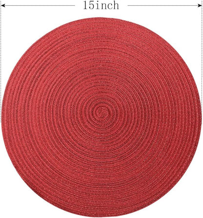 FunWheat Round Placemats Set of 6 Table Mats for Dining Tables Washable Non-Slip Place mats 15 Inch for Christmas(Red Shine)
