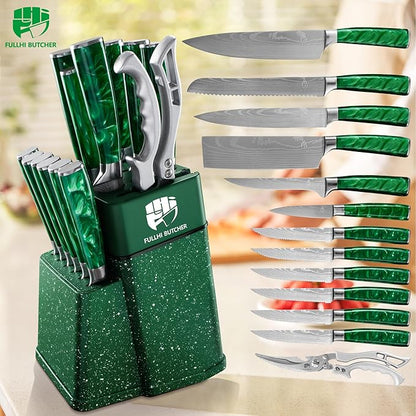 FULLHI 14pcs Block Knife Set, Chef's Knife Steak Knives Set with Block and Sharpener, Kitchen Knife Set, Multi-colour Handle, Gifts for Men Women