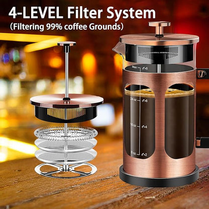French Press Coffee Maker (34oz 1Quart 5-6Cup) Coffee Press, with 4 Filters System, Heat Resistant Thickness Borosilicate Glass, Cold Brew Coffee Tea Pot Gifts (Copper)