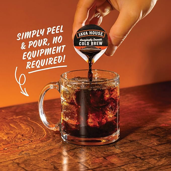 JAVA HOUSE Dark Roast Sumatran Cold Brew Pods, (6 Count) Peel and Pour Pods Hot or Iced Instant Coffee Concentrate