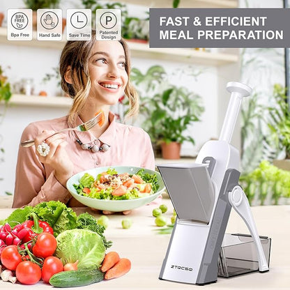 5 in 1 Safe Mandoline Slicer for Kitchen, Safe Vegetable Chopper with Paring Knife, Adjustable Thickness, Easy to Clean, Vegetable Slicer, Slicing, Strips, Shredding, Dicing, Chop (LightGray)