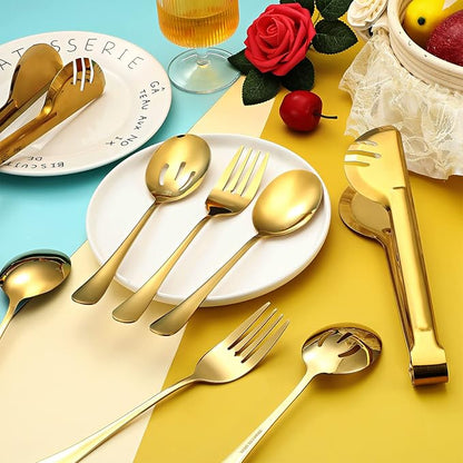 Patelai 15 Pieces Christmas Stainless Steel Gold Serving Utensils Set 8.7" Large Spoons and Slotted Spoon 9.45" Tong 9" Forks Flatware Wedding Party Buffet Banquet Cooking Kitchen Catering