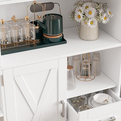 HOSTACK 60.4" Farmhouse Kitchen Pantry Storage Cabinet, Freestanding Hutch with Doors & Shelves, Buffet Sideboard with Microwave Stand, Coffee Bar with Drawers, Cupboard for Dining Room, White