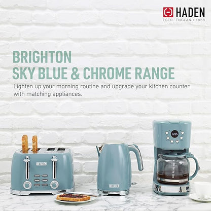 Haden Brighton Coffee Machine, 12 Cup Programmable Drip Coffee Maker with Auto Shut-Off Function and Reusable Washable Water Filter, Sky Blue & Chrome