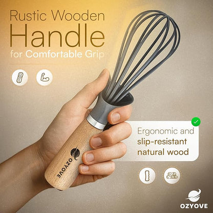 Modern Kitchen Whisk with Wooden Handle, Gray Silicone Wires, Professional Balloon Style for Mixing, Blending, Cooking, Utensil for Whisking Beating Frothing