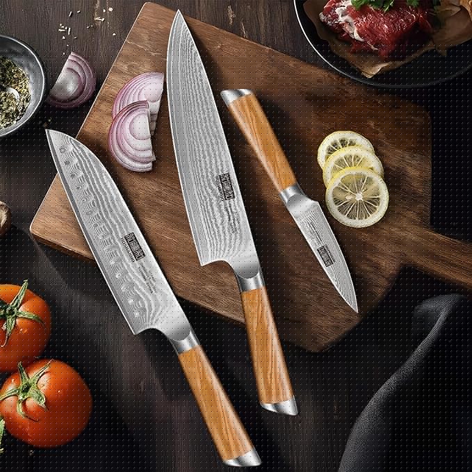 HOSHANHO Damascus Kitchen Knife Set 3-Piece, Ultra Sharp 8" Chef Knife, 7" Santoku Knife, 3.75" Paring Knife, Professional 10Cr15CoMoV Damascus Super Steel Chef Knife Set with Ergonomic Handle
