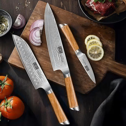 HOSHANHO Damascus Kitchen Knife Set 3-Piece, Ultra Sharp 8" Chef Knife, 7" Santoku Knife, 3.75" Paring Knife, Professional 10Cr15CoMoV Damascus Super Steel Chef Knife Set with Ergonomic Handle