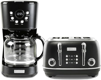 Haden Heritage 4 Slice Wide Slot Stainless Steel Toaster Bundled with 12 Cup Programmable Drip Coffee Maker Coffee Machine, Black & Chrome