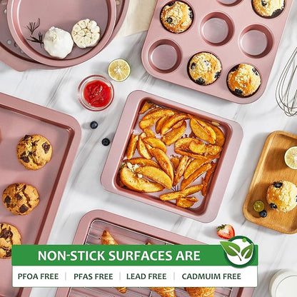 HONGBAKE Bakeware Sets, Baking Pans Set, Nonstick Oven Pan for Kitchen with Wider Grips, 10-Piece Including Rack, Cookie Sheet, Cake Pans, Loaf Pan, Muffin Pan, Pizza Pan - Pink