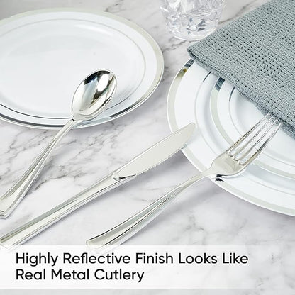 FOCUSLINE 300 Pack Silver Plastic Cutlery Set - 100 Forks, 100 Knives, 100 Spoons - Disposable Flatware Heavy Duty Plastic Silverware Set for Catering, Parties, Dinners, Weddings