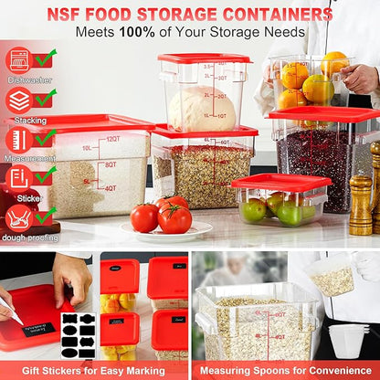 2QT&4QT NSF Food Storage Containers with Lids: 4 PCS [Total Food Grade][Hot&Cold Resistant] Commercial Clear Food Storage Containers for Restaurant Kitchen Proof Dough (Red)