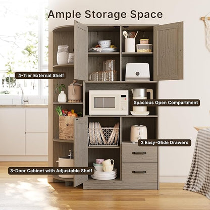Gizoon 60.4" Pantry Cabinet with Coffee Bar, Tall Kitchen Pantry Storage Cabinet with Microwave Stand and 2 Drawers, Farmhouse Hutch with 4 Open Tiers for Dining Room and Kitchen Organization, Grey